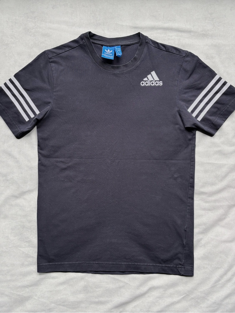Adidas Black Crew Neck Tee with White Logo & Sleeve Stripes